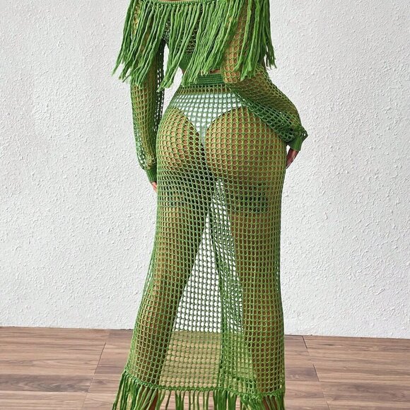 Green Sexy Women's Crochet Hollow Fringe Hem Cover Up Tops - Picture 2 of 6